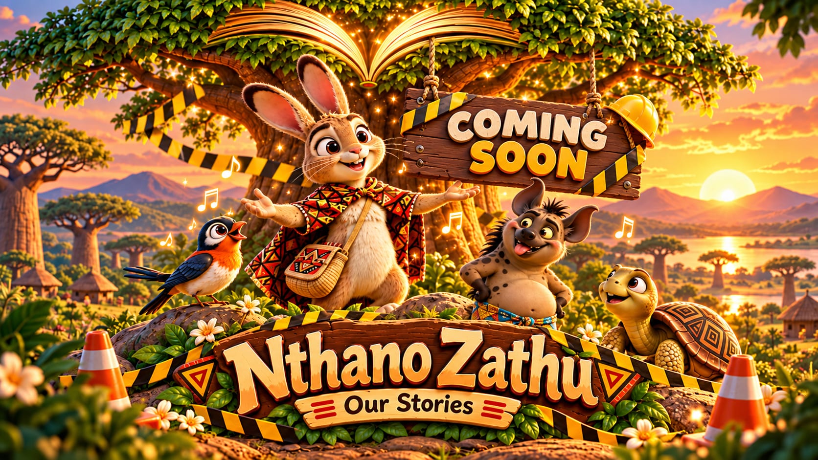 Kalulu the hare in a chitenje cape spreads his arms under a baobab tree with an open storybook in its branches, next to a singing bird, Fisi the hyena and a tortoise, at sunset. A wooden sign says Coming soon, and a large sign below says Nthano Zathu, Our Stories.